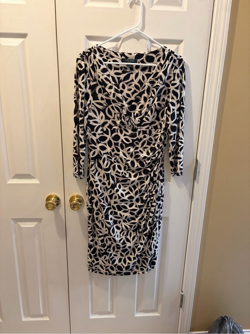 Ralph Lauren Black and White Patterned V-Neck Midi Dress